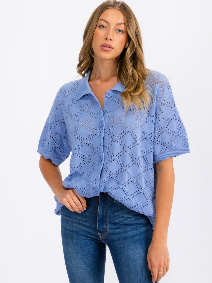 WOMEN'S SHORT SLEEVE BUTTON UP KNIT DETAILED TOP