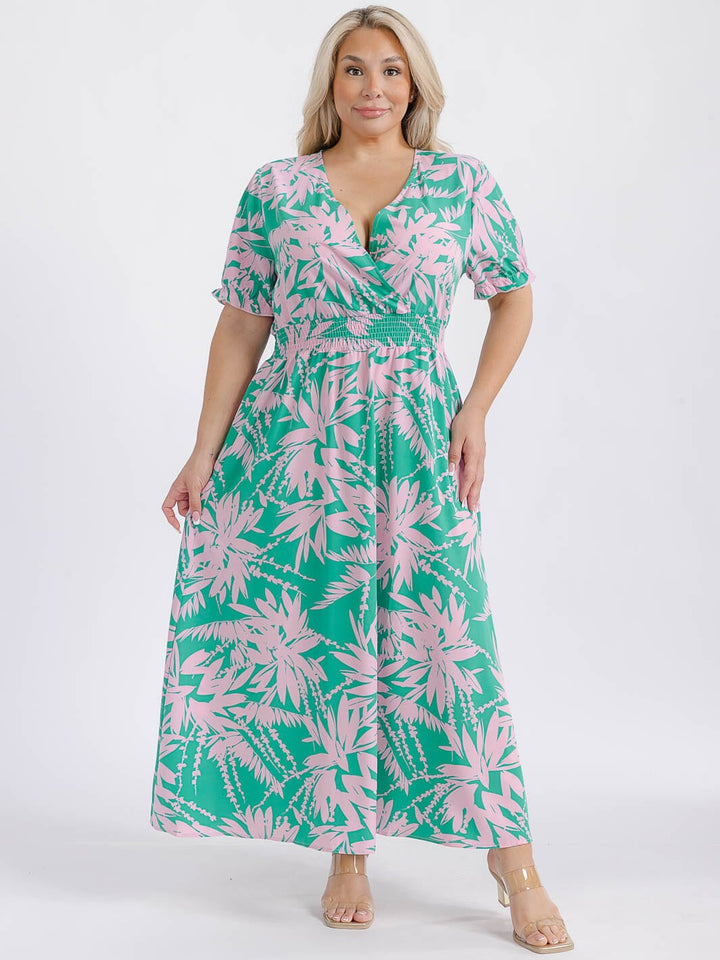 PLUS SIZE SHORT SLEEVE SURPLICE SMOCK WAIST FLORAL MAXI DRESS