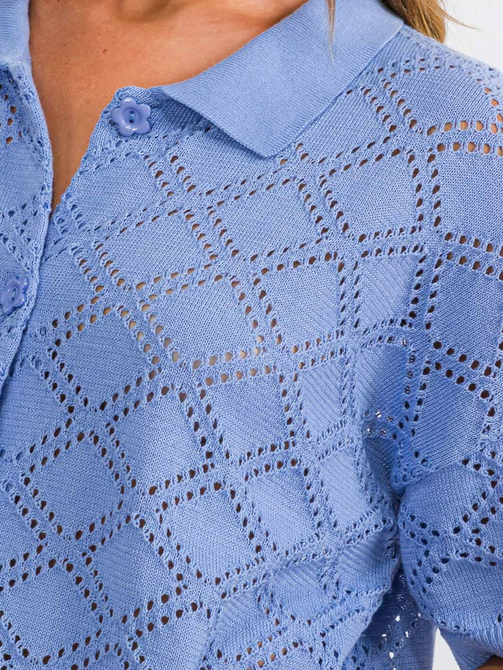 WOMEN'S SHORT SLEEVE BUTTON UP KNIT DETAILED TOP