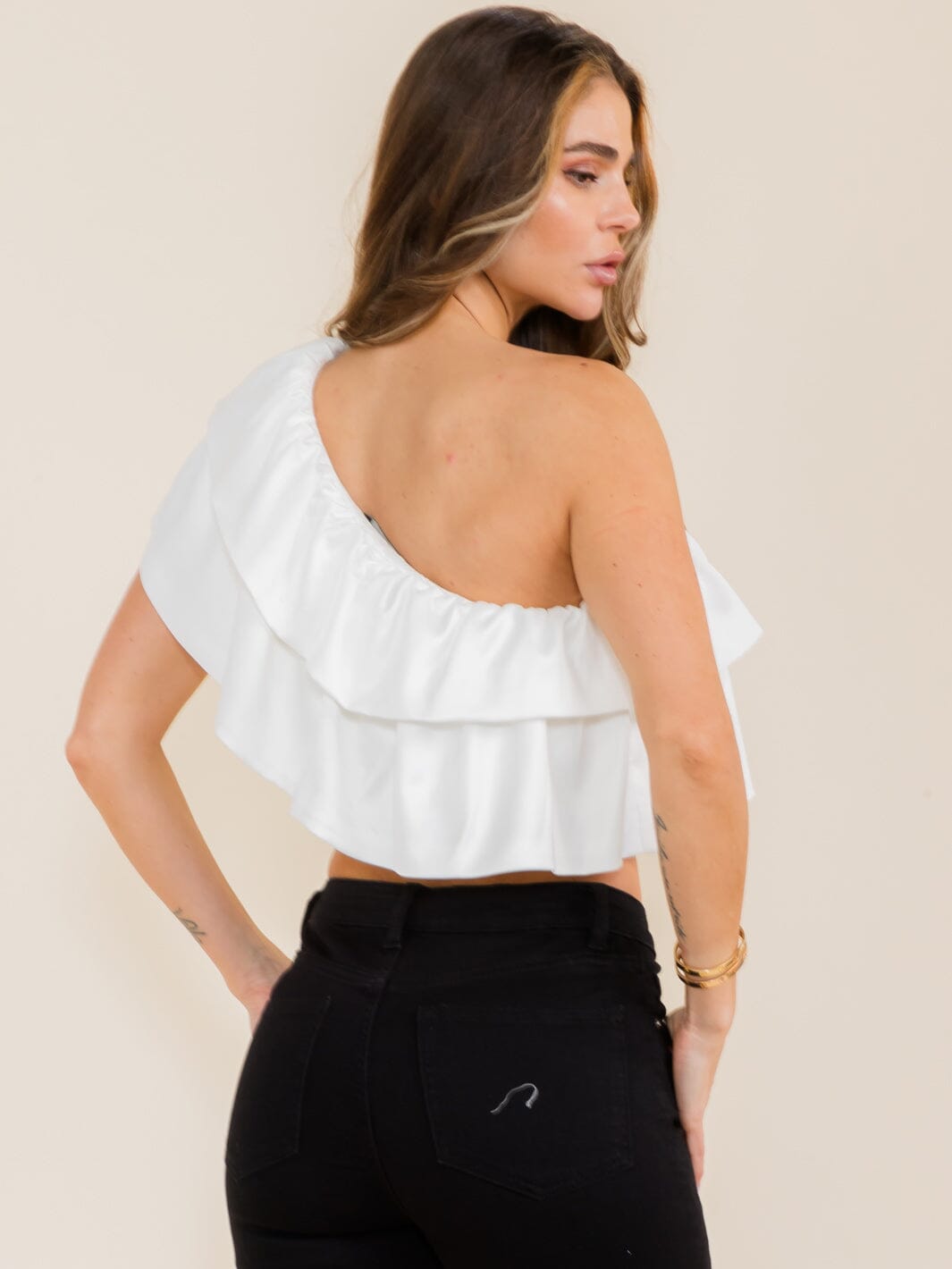WOMEN'S SLEEVELESS ONE SHOULDER RUFFLE CROP TOP