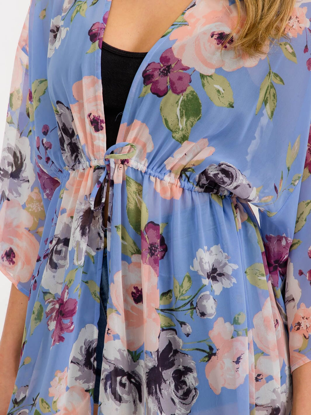 WOMEN'S SHORT SLEEVE FLORAL SELF TIE KIMONO