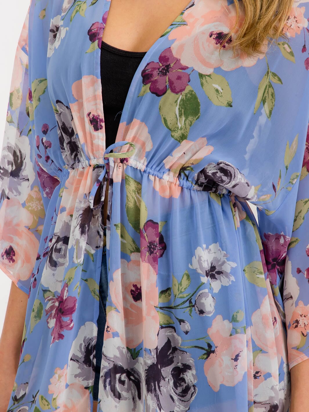 WOMEN'S SHORT SLEEVE FLORAL SELF TIE KIMONO