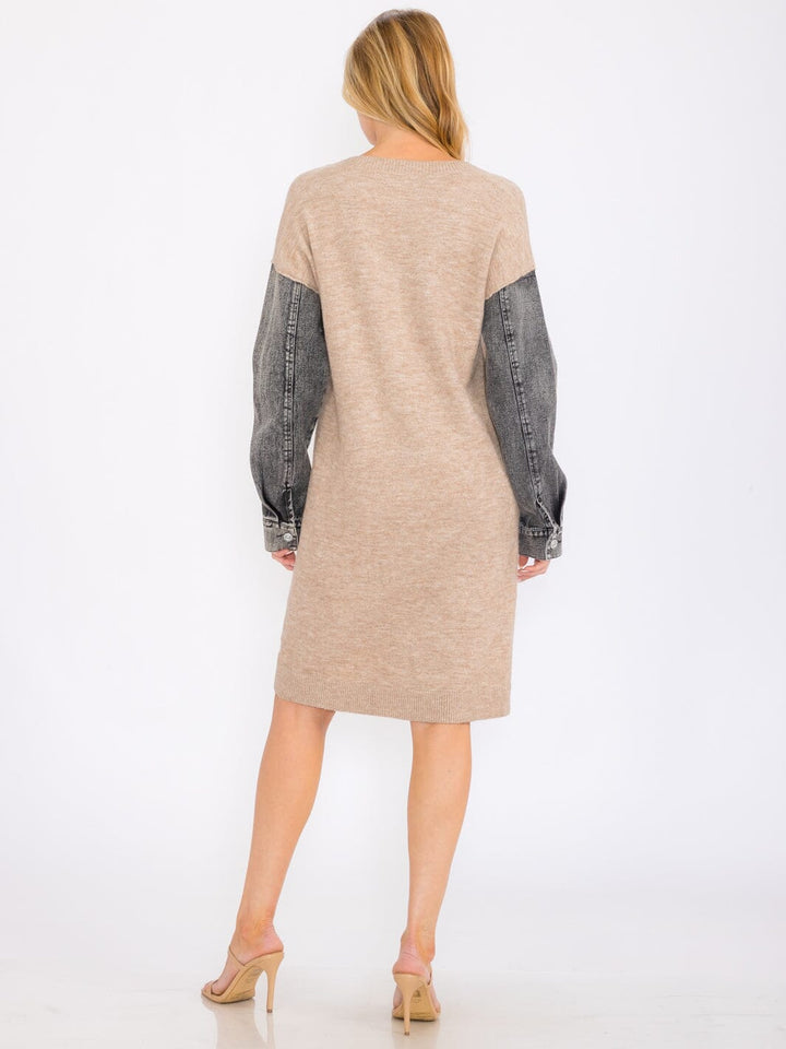 WOMEN'S LONG DENIM SLEEVES V-NECK MIDI SWEATER DRESS