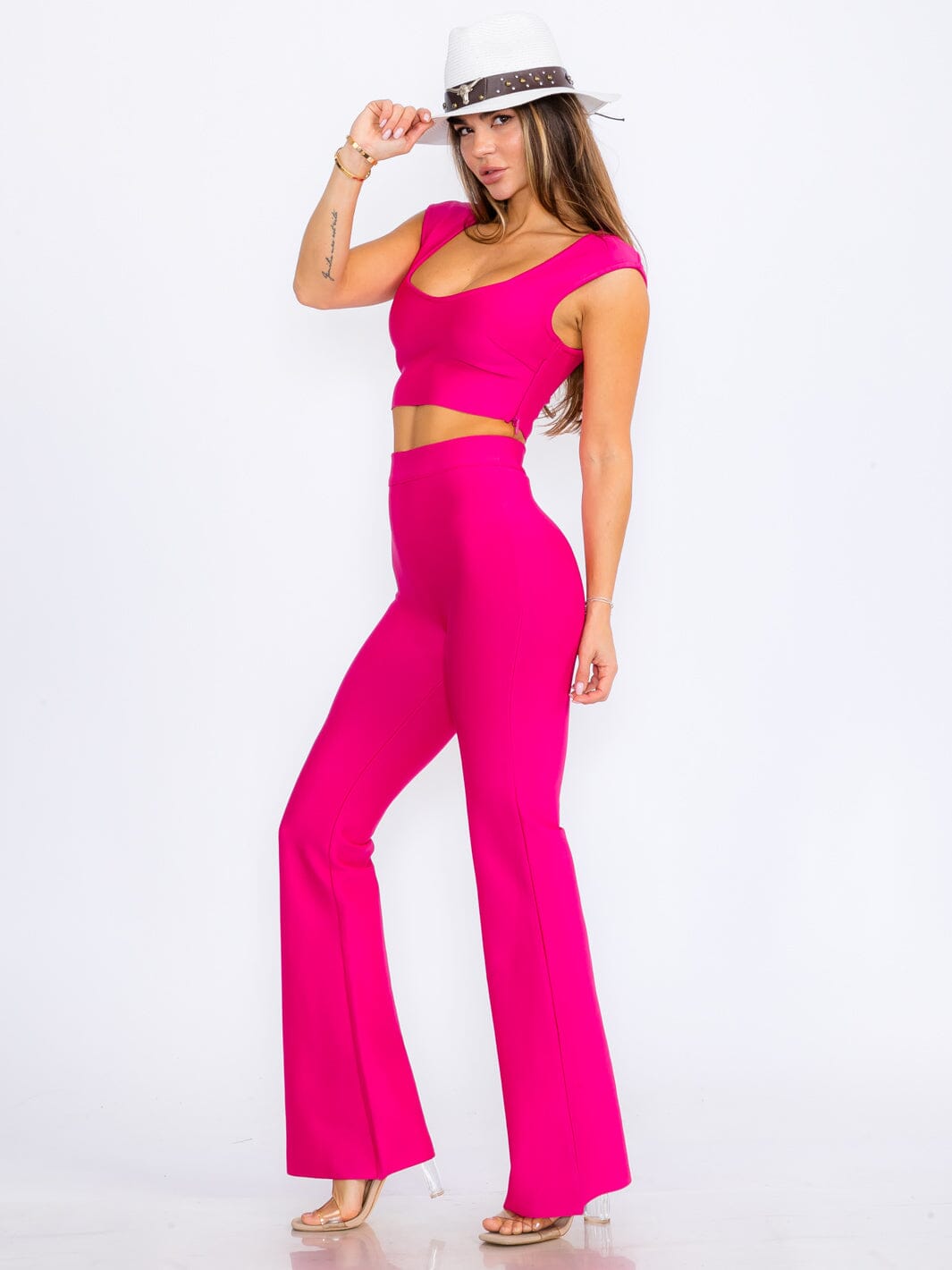 WOMEN'S SLEEVELESS SQUARE NECK CROP TOP & ZIP UP BELL LEG PANTS BANDAGE 2PC.SET