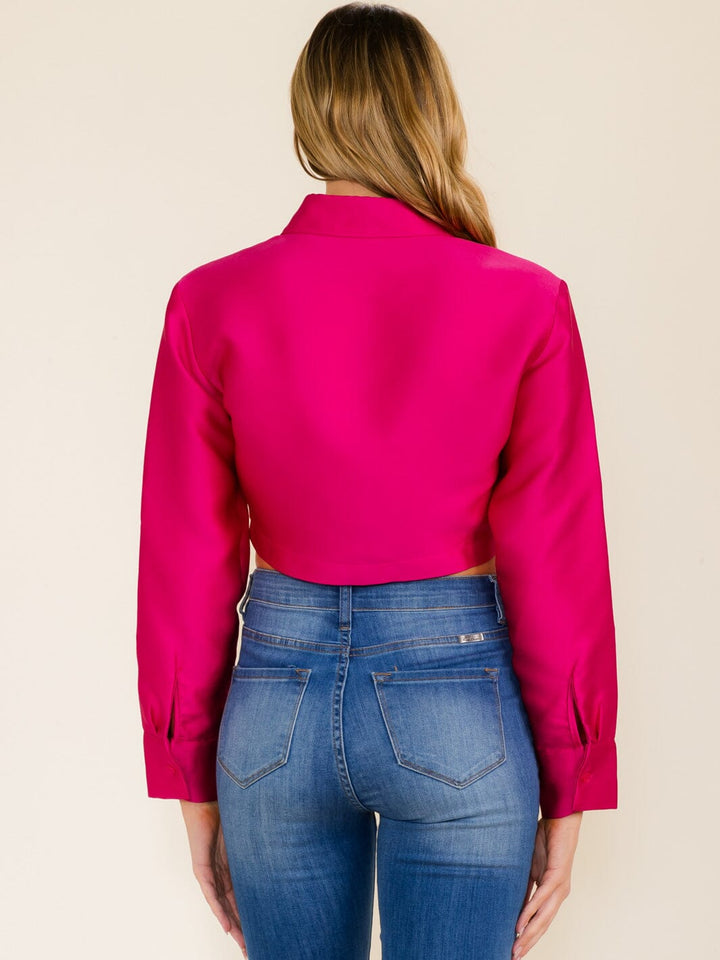 WOMEN'S LONG SLEEVE BUTTON UP COLLAR CROP TOP