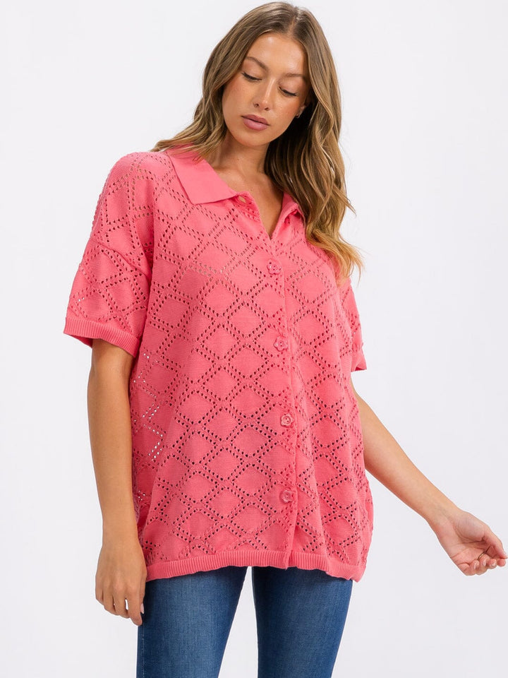 WOMEN'S SHORT SLEEVE BUTTON UP KNIT DETAILED TOP