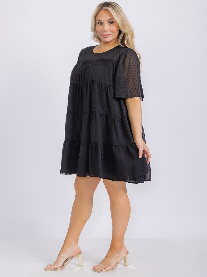 PLUS SIZE SHORT SLEEVE TIERED SWISS DOTS TUNIC MINI DRESS