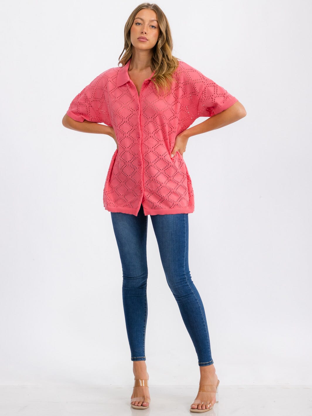 WOMEN'S SHORT SLEEVE BUTTON UP KNIT DETAILED TOP