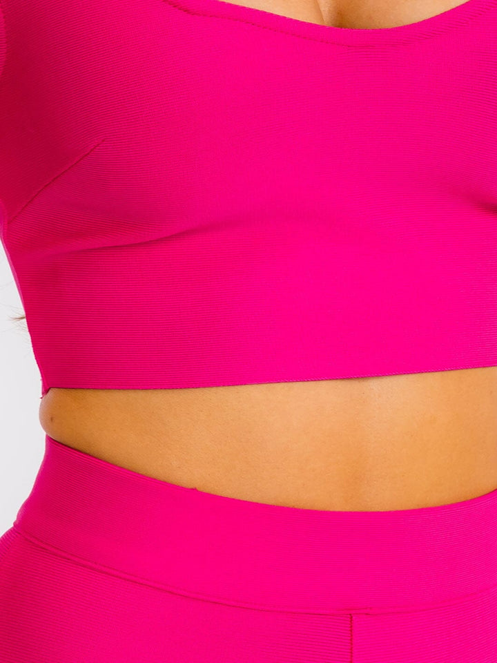 WOMEN'S SLEEVELESS SQUARE NECK CROP TOP & ZIP UP BELL LEG PANTS BANDAGE 2PC.SET