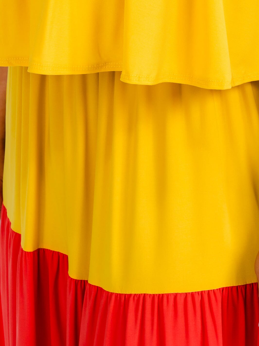 WOMEN'S OFF SHOULDER ELASTIC WAIST RUFFLE TIERED COLORBLOCK MAXI DRESS