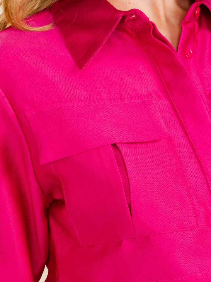 WOMEN'S LONG SLEEVE BUTTON UP COLLAR CROP TOP