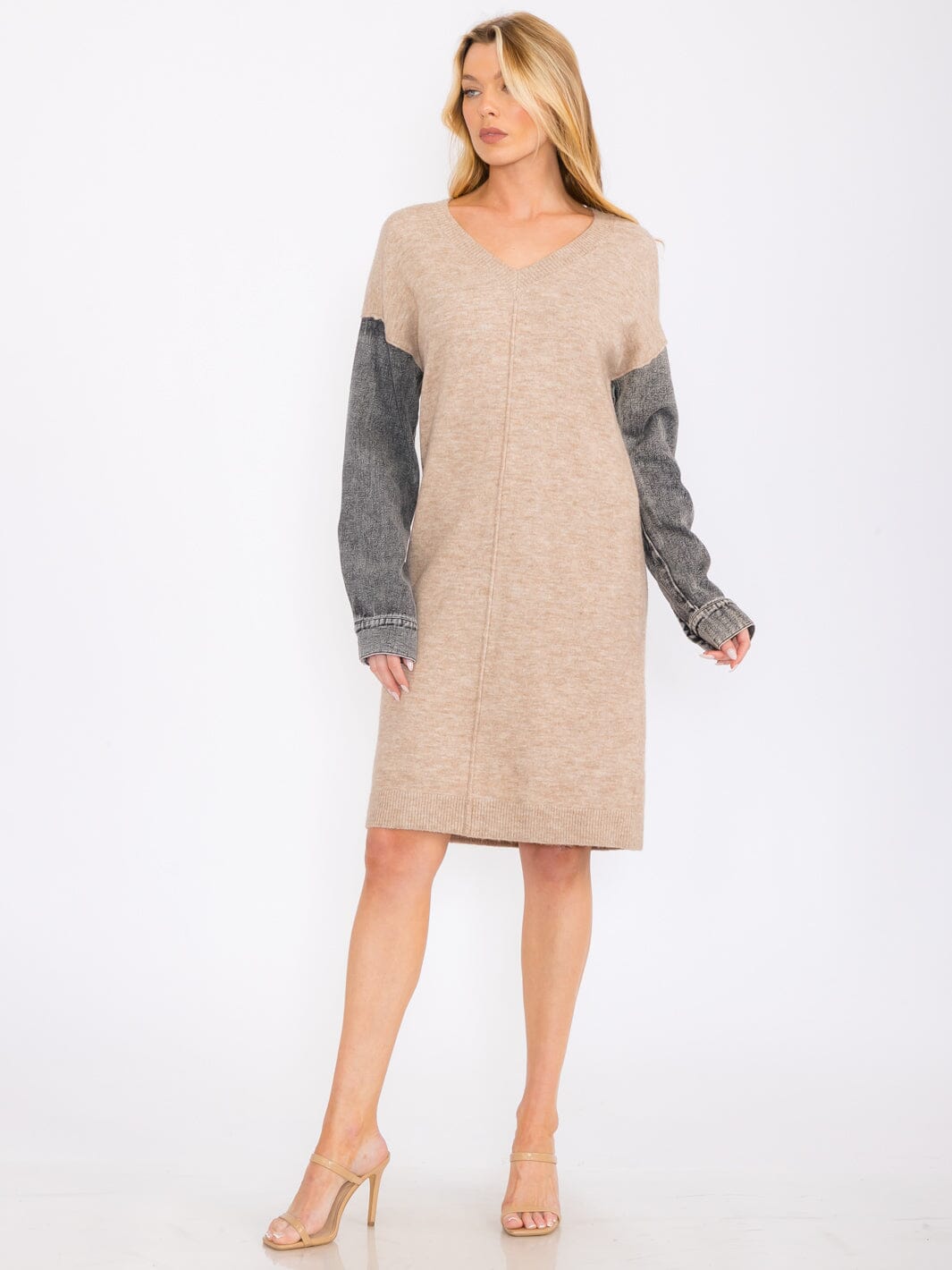 WOMEN'S LONG DENIM SLEEVES V-NECK MIDI SWEATER DRESS