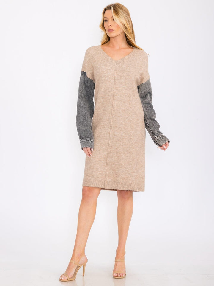 WOMEN'S LONG DENIM SLEEVES V-NECK MIDI SWEATER DRESS