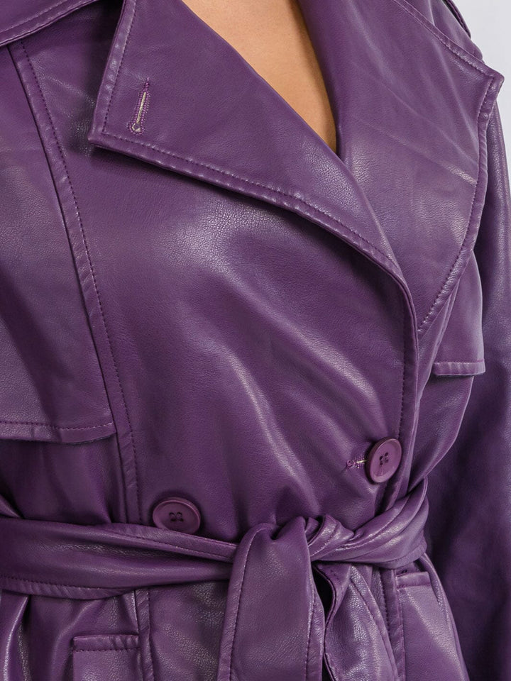 WOMEN'S LONG SLEEVE BUTTON CLOSURE PU PLEATHER SELF TIE COAT