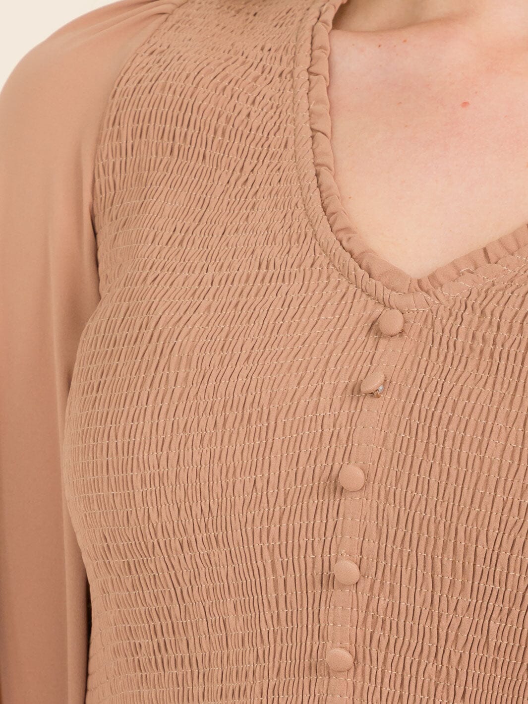 WOMEN'S LONG SLEEVE V-NECK SMOCK PEPLUM BLOUSE