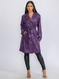 WOMEN'S LONG SLEEVE BUTTON CLOSURE PU PLEATHER SELF TIE COAT
