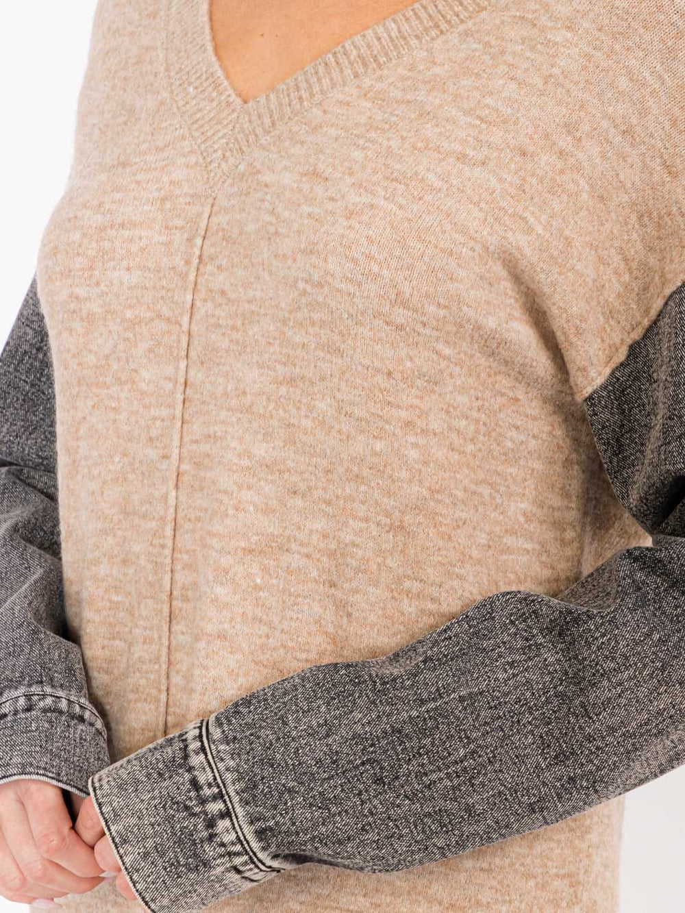 WOMEN'S LONG DENIM SLEEVES V-NECK MIDI SWEATER DRESS