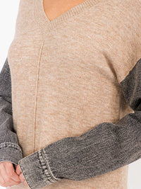 WOMEN'S LONG DENIM SLEEVES V-NECK MIDI SWEATER DRESS