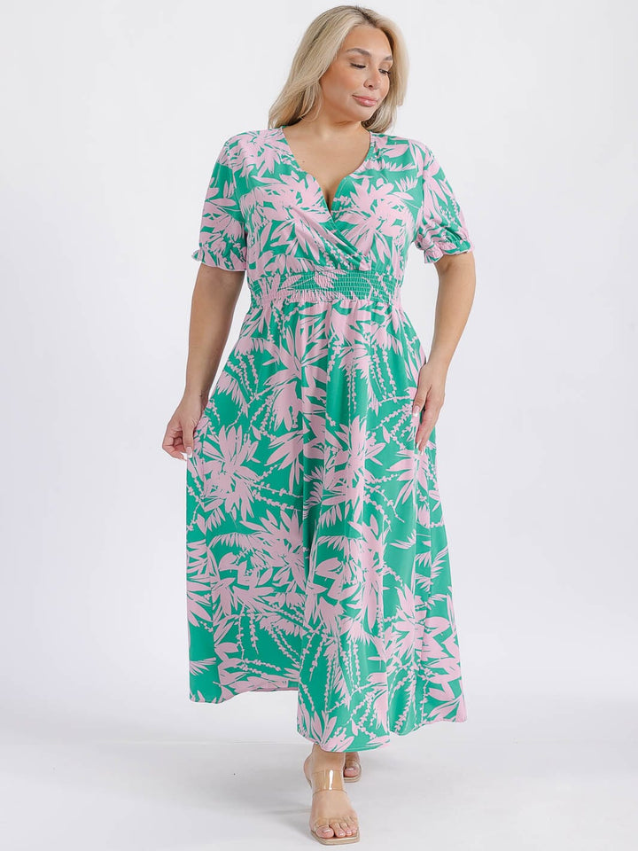 PLUS SIZE SHORT SLEEVE SURPLICE SMOCK WAIST FLORAL MAXI DRESS