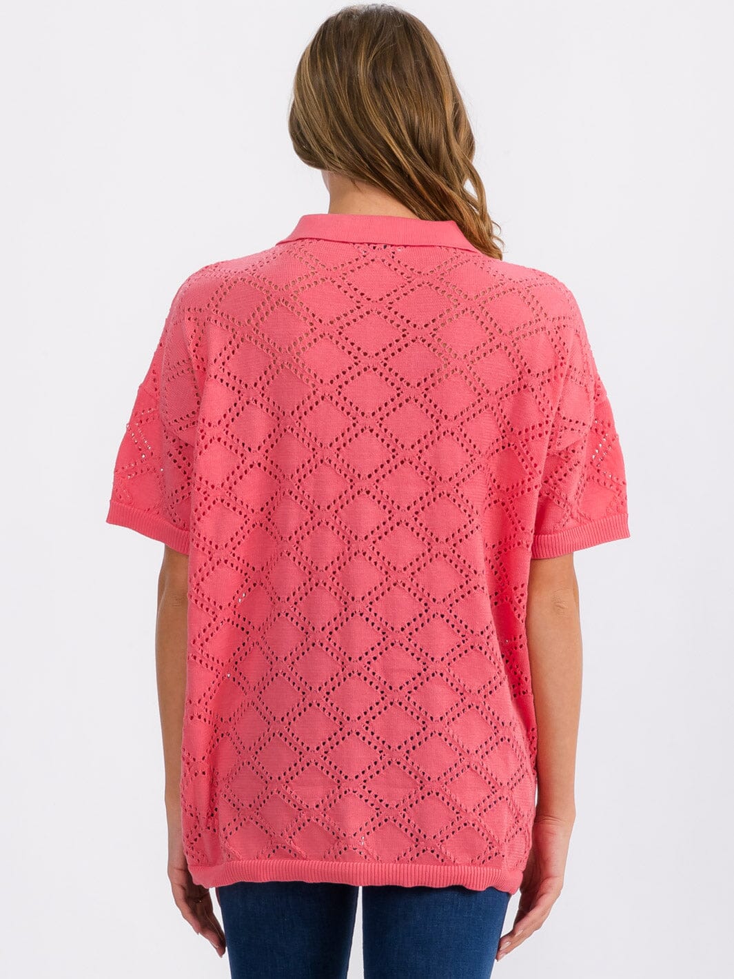 WOMEN'S SHORT SLEEVE BUTTON UP KNIT DETAILED TOP