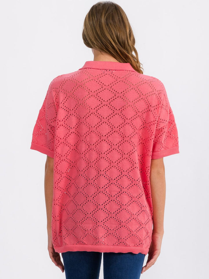 WOMEN'S SHORT SLEEVE BUTTON UP KNIT DETAILED TOP