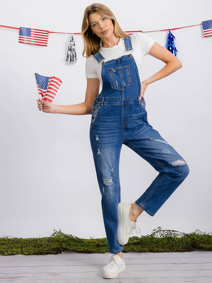 WOMEN'S BUTTON CLOSURE POCKETS DISTRESS DENIM OVERALL