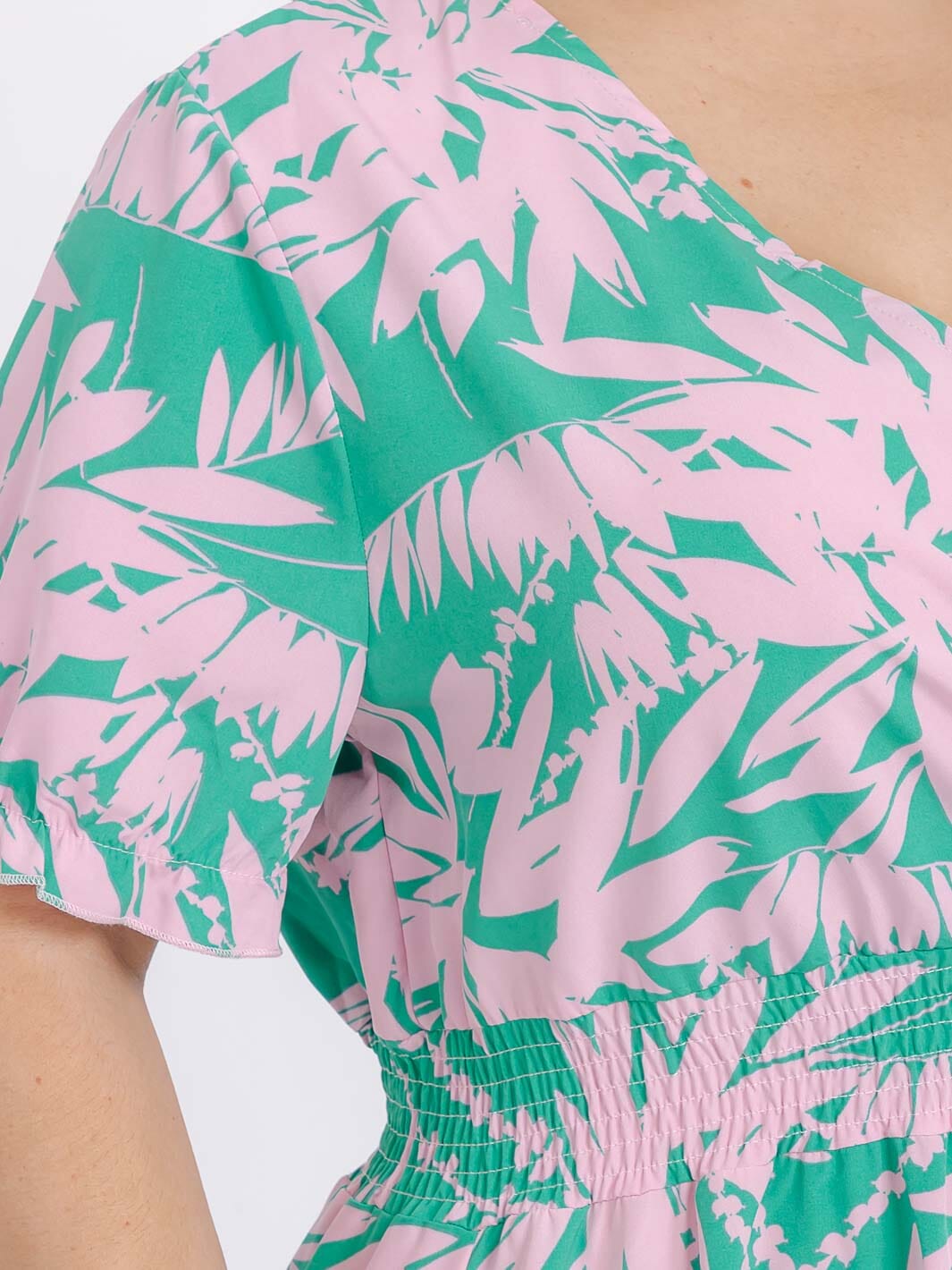 PLUS SIZE SHORT SLEEVE SURPLICE SMOCK WAIST FLORAL MAXI DRESS