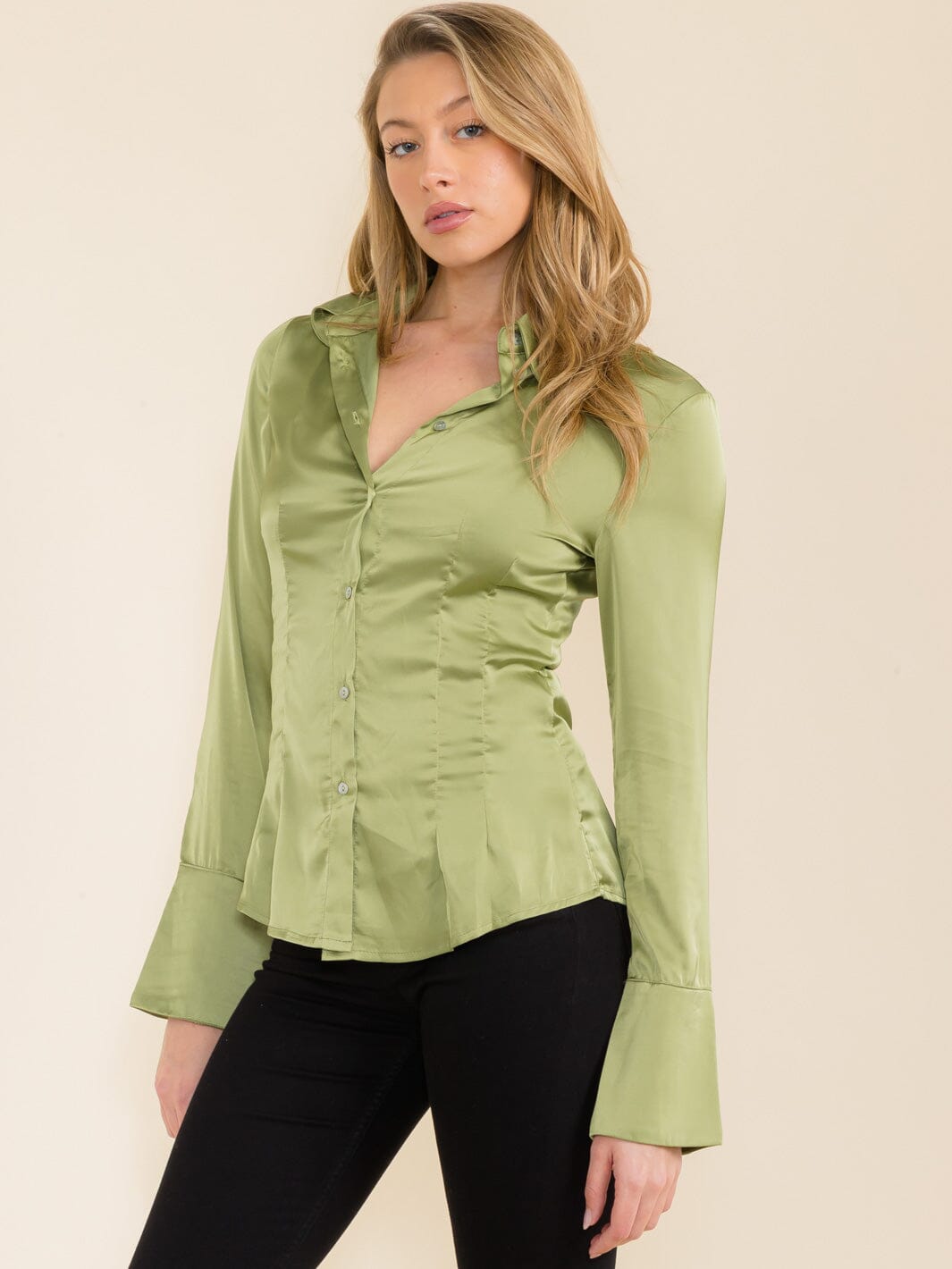 WOMEN'S LONG SLEEVE BUTTON UP SATIN BLOUSE