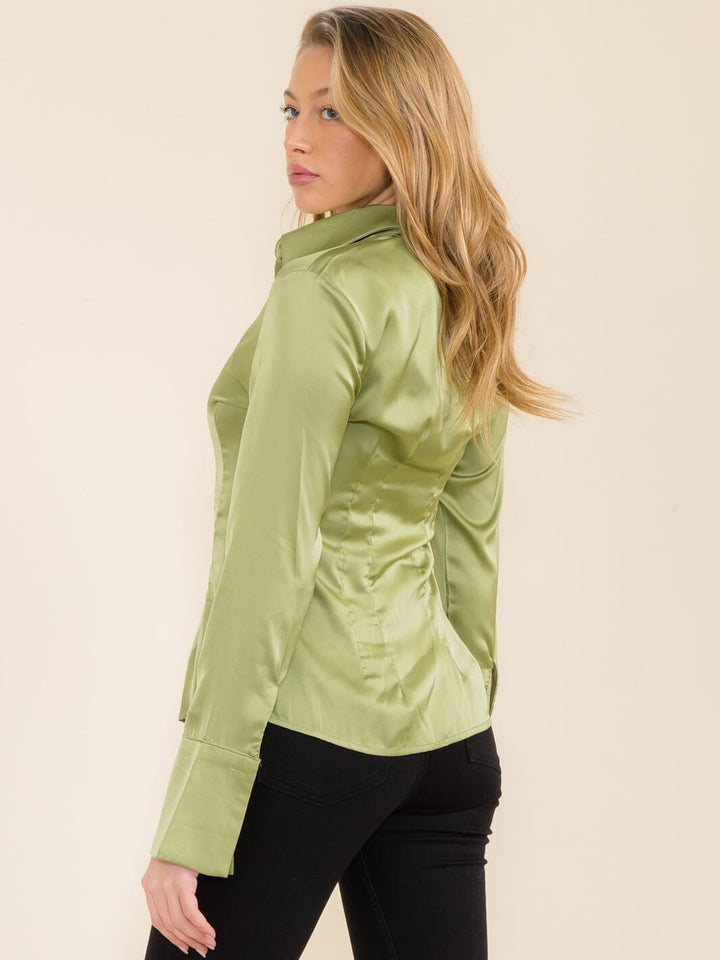 WOMEN'S LONG SLEEVE BUTTON UP SATIN BLOUSE