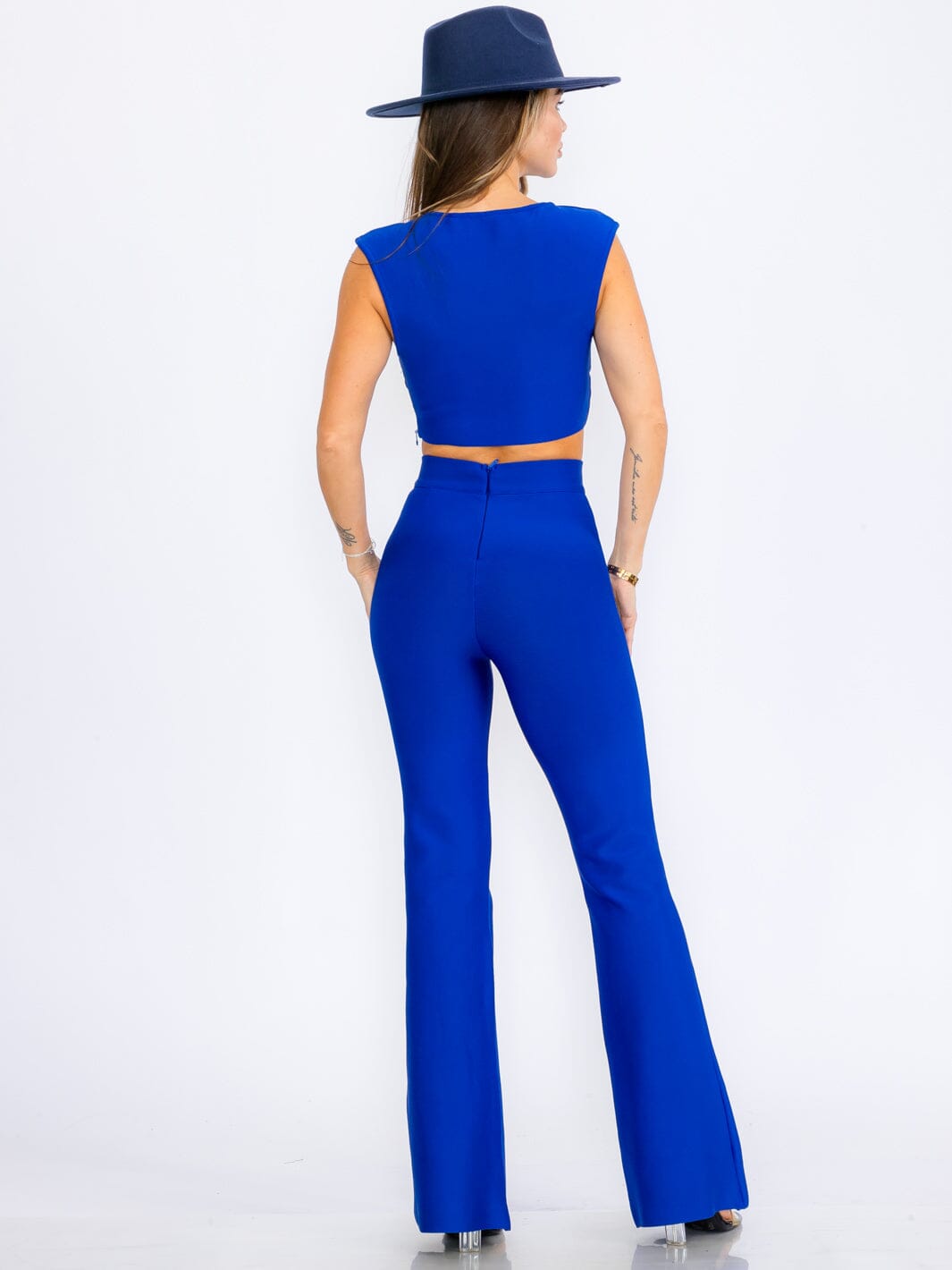 WOMEN'S SLEEVELESS SQUARE NECK CROP TOP & ZIP UP BELL LEG PANTS BANDAGE 2PC.SET