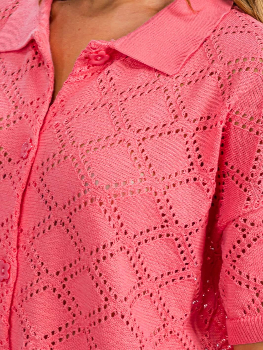 WOMEN'S SHORT SLEEVE BUTTON UP KNIT DETAILED TOP