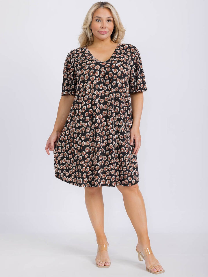 PLUS SIZE SHORT SLEEVE V-NECK FRONT POCKETS ANIMAL PRINT TUNIC MINI DRESS