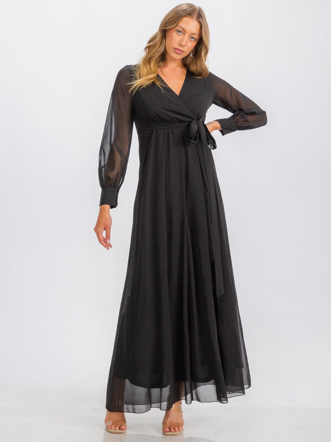 WOMEN'S LONG SLEEVE SURPLICE SELF TIE MAXI DRESS