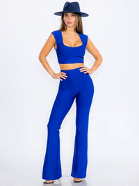 WOMEN'S SLEEVELESS SQUARE NECK CROP TOP & ZIP UP BELL LEG PANTS BANDAGE 2PC.SET