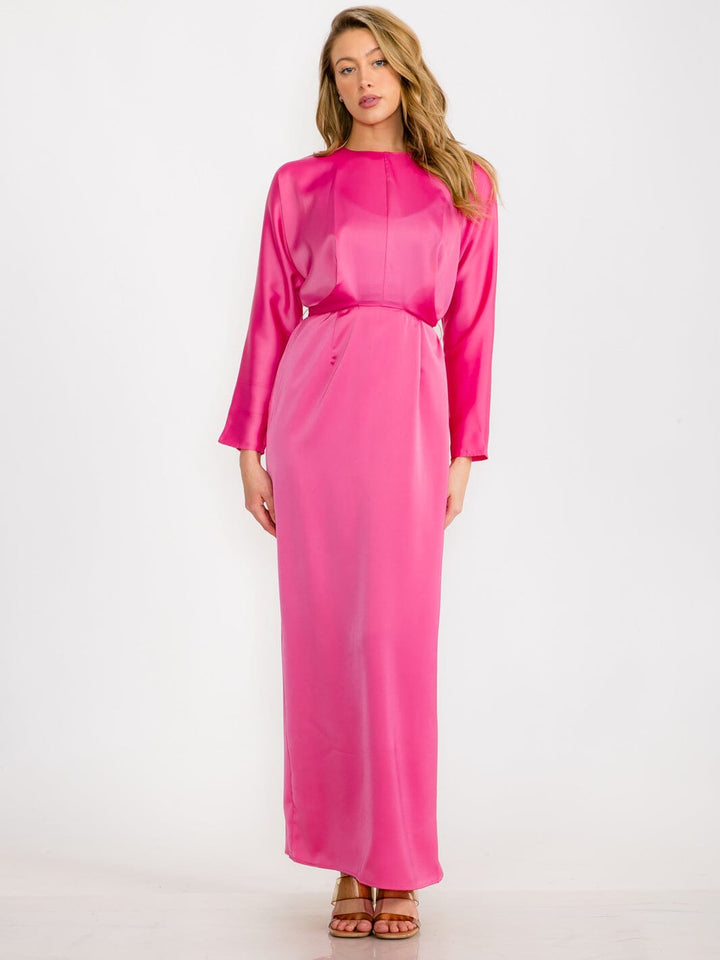 WOMEN'S LONG SLEEVE SELF TIE SATIN MAXI DRESS