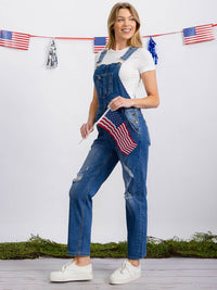 WOMEN'S BUTTON CLOSURE POCKETS DISTRESS DENIM OVERALL