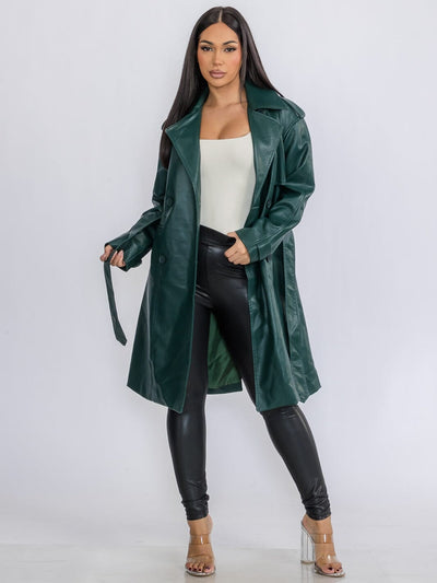 WOMEN'S LONG SLEEVE BUTTON CLOSURE PU PLEATHER SELF TIE COAT