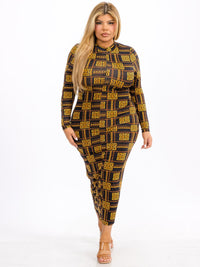 WOMEN'S LONG SLEEVE MOCK NECK BODYCON PRINTED MAXI DRESS
