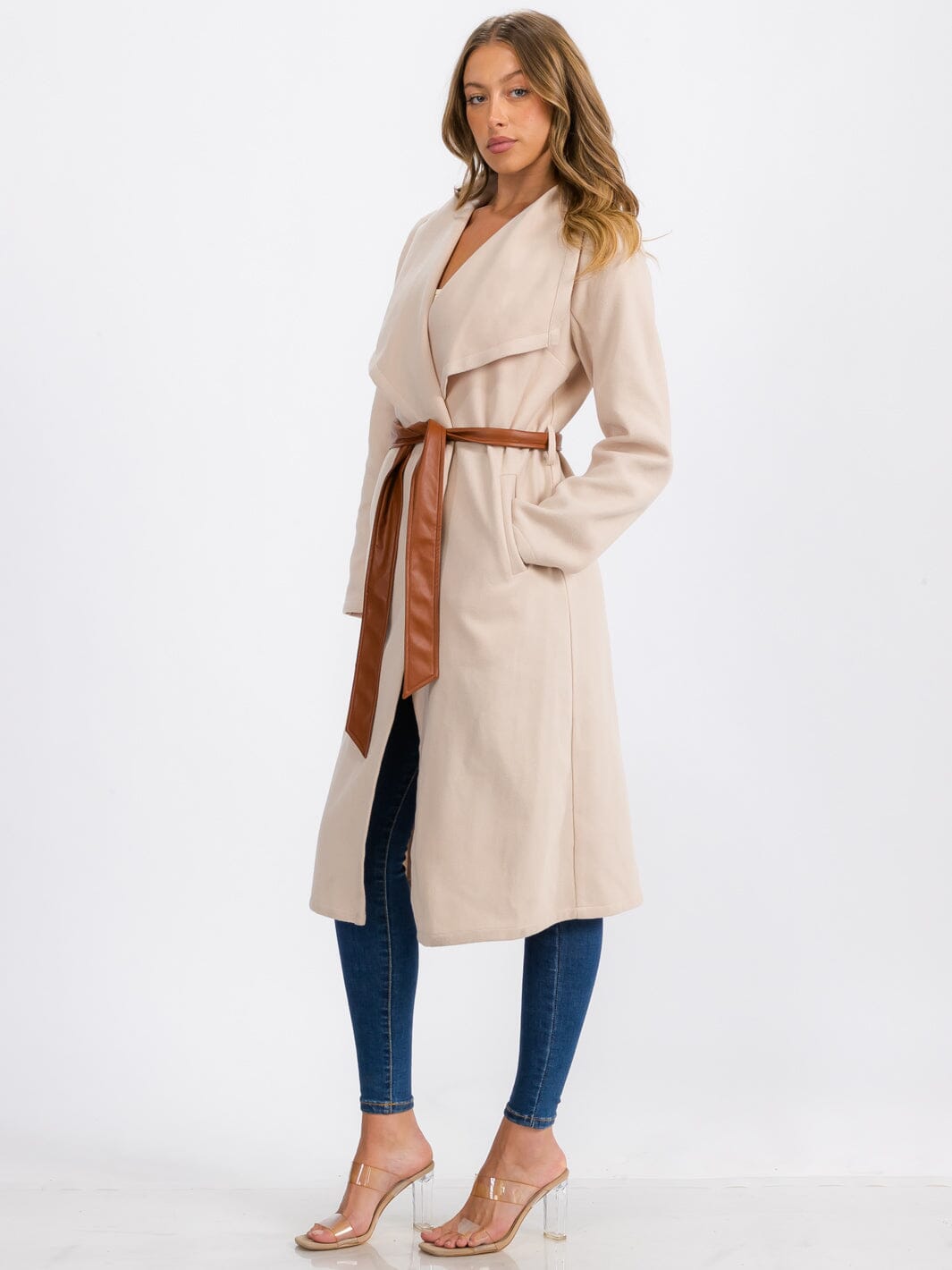 WOMEN'S LONG SLEEVE OPEN FRONT SELF TIE COAT