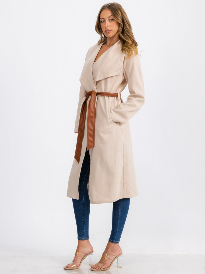 WOMEN'S LONG SLEEVE OPEN FRONT SELF TIE COAT