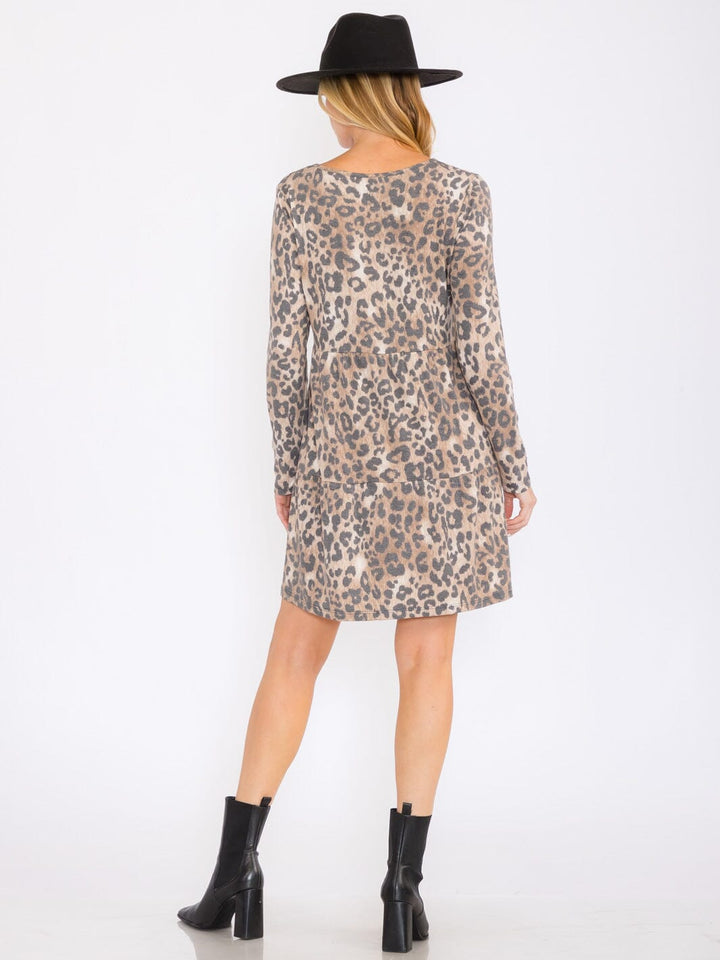 WOMEN'S LONG SLEEVES ANIMAL PRINT TUNIC MINI DRESS