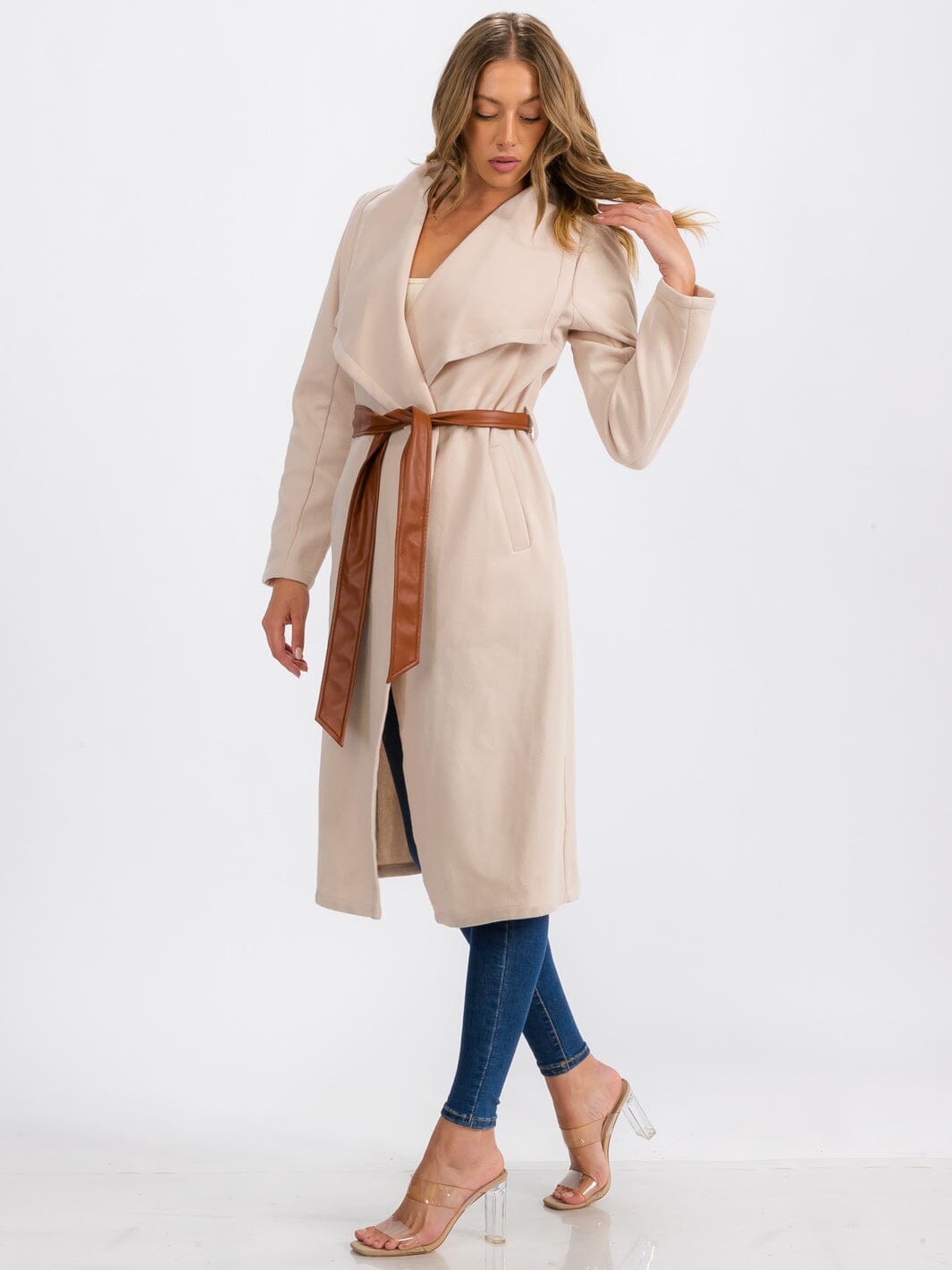 WOMEN'S LONG SLEEVE OPEN FRONT SELF TIE COAT
