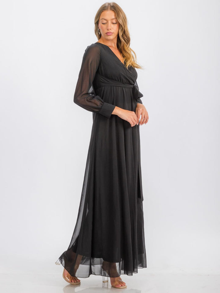 WOMEN'S LONG SLEEVE SURPLICE SELF TIE MAXI DRESS