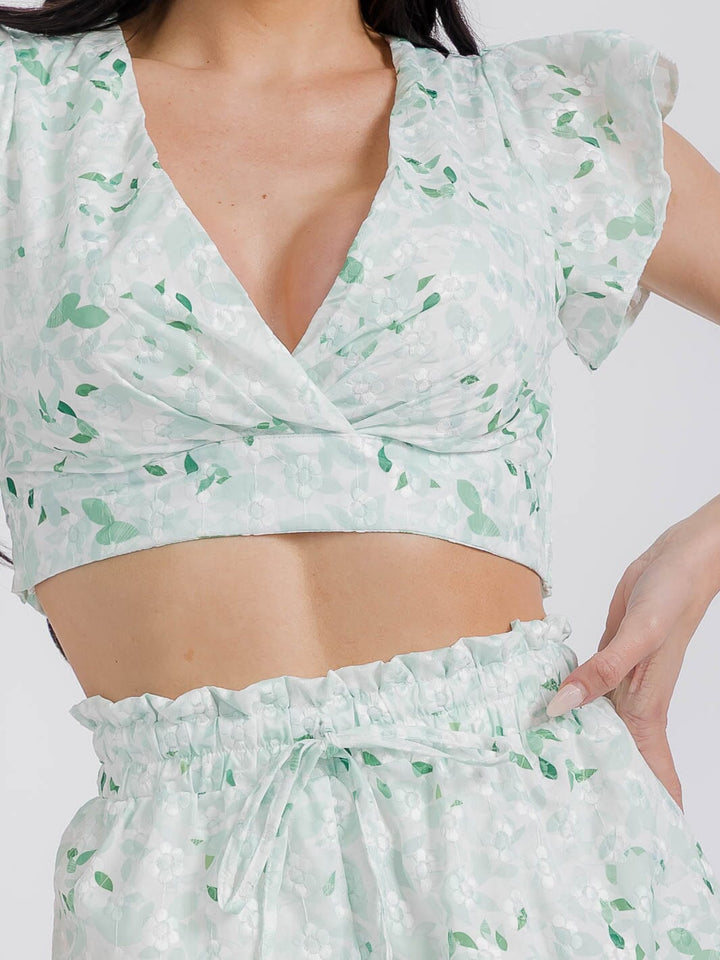 WOMEN'S SHORT SLEEVES CROP TOP & ELASTIC WAIST MINI SHORTS FLORAL 2PC. SET