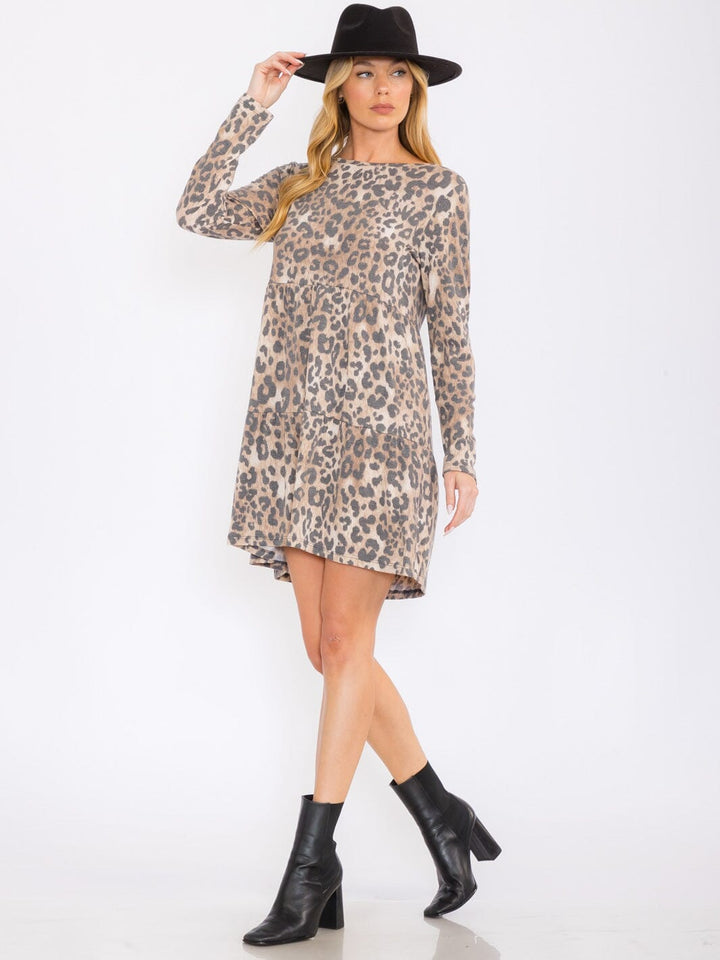 WOMEN'S LONG SLEEVES ANIMAL PRINT TUNIC MINI DRESS