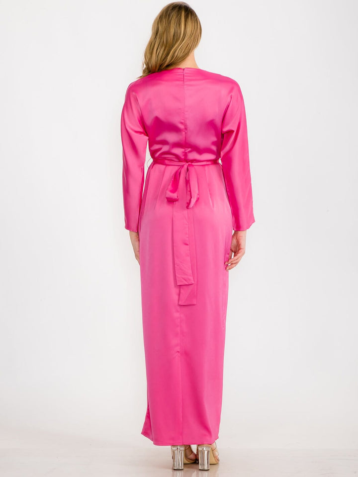 WOMEN'S LONG SLEEVE SELF TIE SATIN MAXI DRESS