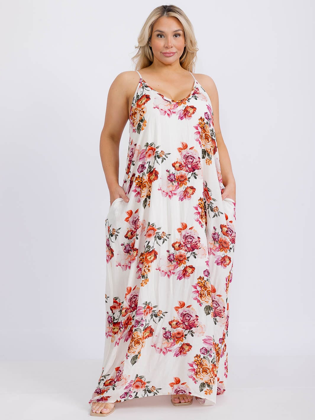 PLUS SIZE SLEEVELESS V-NECK FRONT POCKETS FLORAL MAXI DRESS