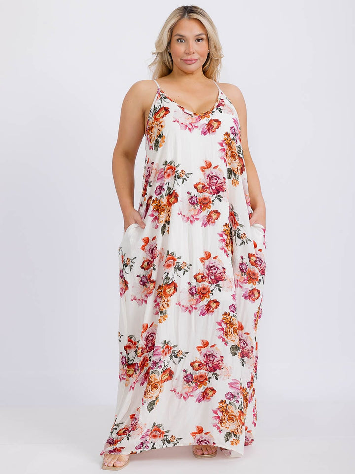 PLUS SIZE SLEEVELESS V-NECK FRONT POCKETS FLORAL MAXI DRESS