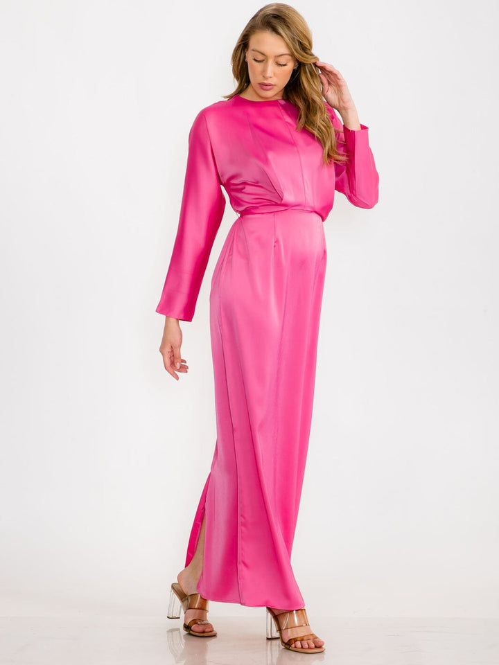 WOMEN'S LONG SLEEVE SELF TIE SATIN MAXI DRESS