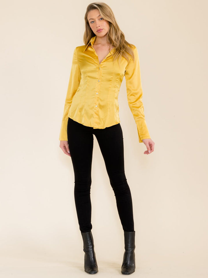 WOMEN'S LONG SLEEVE BUTTON UP SATIN BLOUSE